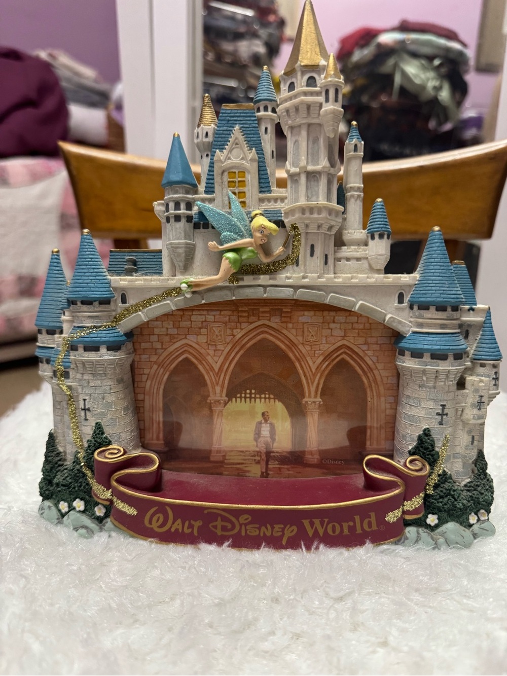 Disney Castle Tinker Bell Music Box - Blue & Gold with Burgundy Base